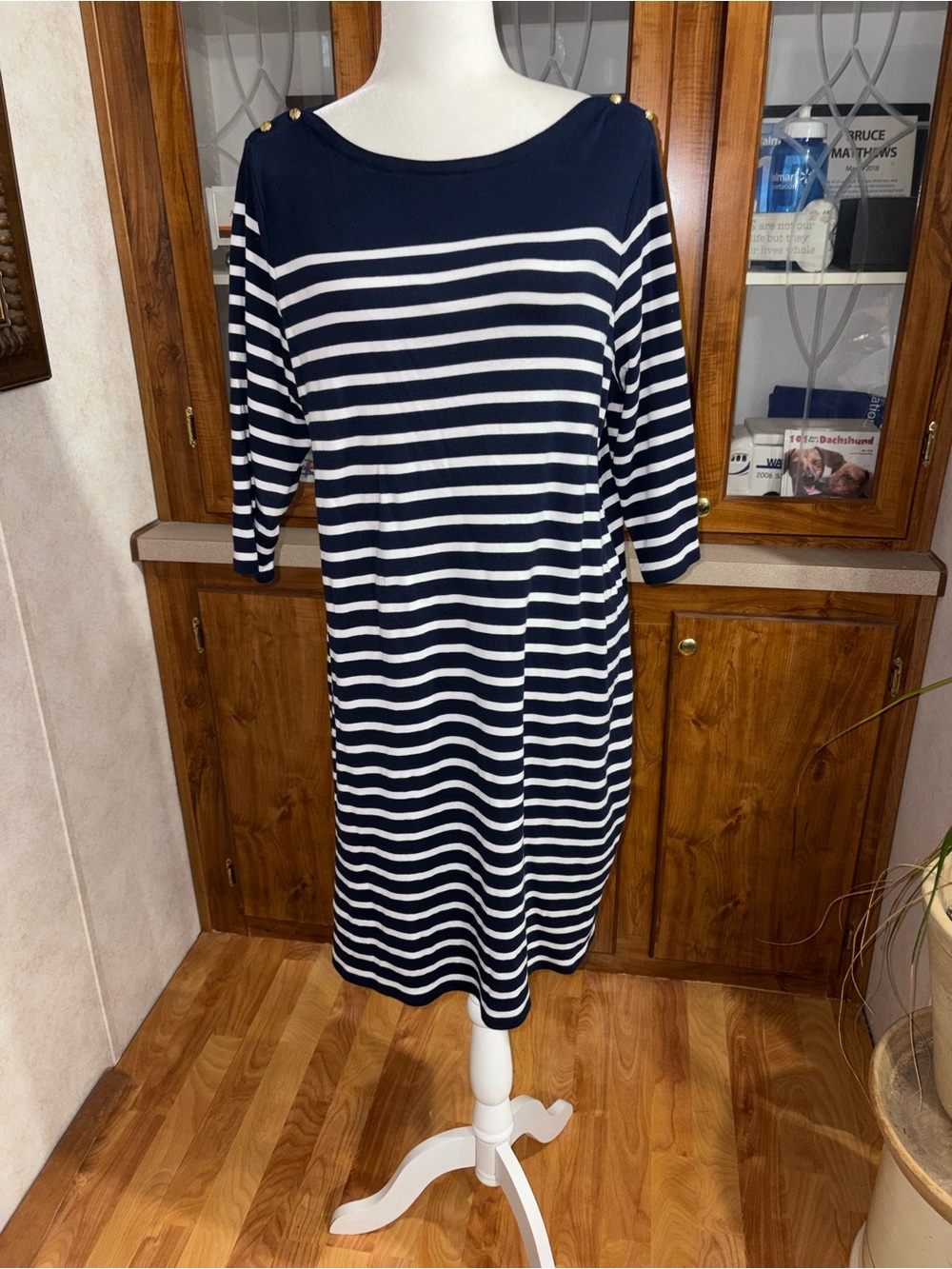 Lauren Ralph Lauren size 2X navy blue & white boatneck striped dress EUC
